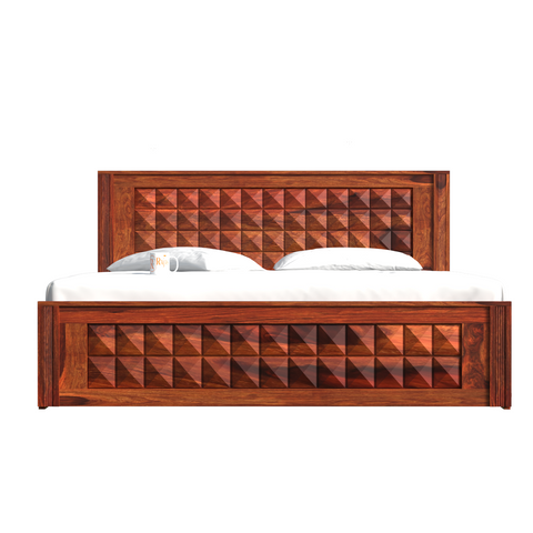 Vrij Solid Wood Double Queen Size Bed with Box Storage in Honey Oak Finish - Rajasthali Furniture 