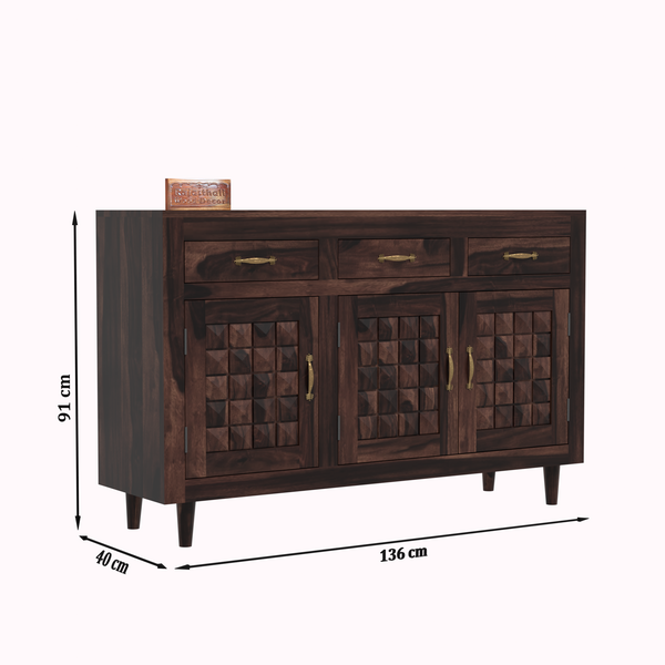 Wooden Sideboard Storage Cabinet with 3 Drawers and 3 Doors Storage Wooden Cabinet for Living Room in Walnut Finish - Rajasthali Furniture 