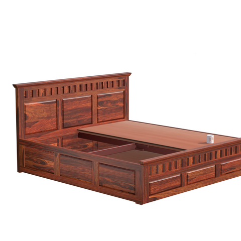 Malen Solid Wood Double Bed with Box Storage in Honey Oak Finish - Rajasthali Furniture 