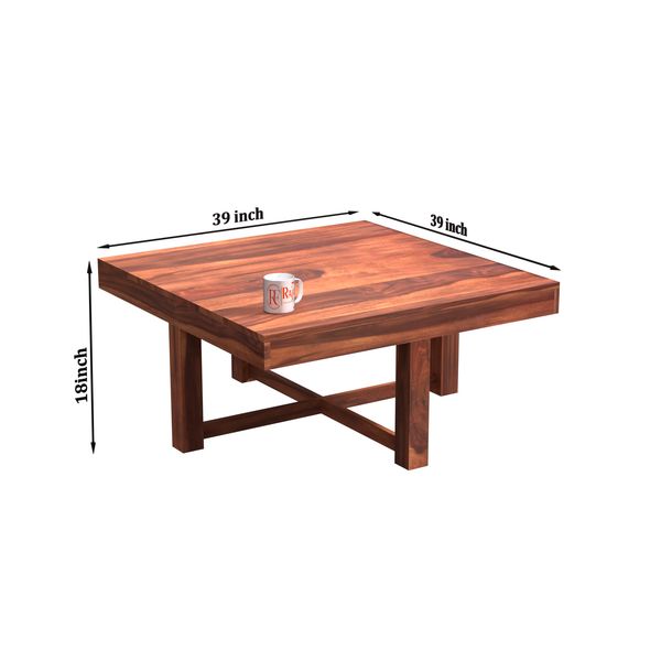 Kerry Wooden Center Table cum Coffee Table with four Stool with upholstery in Natural and Walnut Finish 39" - Rajasthali Furniture 