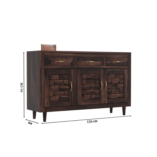 Wooden Sideboard Storage Cabinet with 3 Drawers and 3 Doors Storage Wooden Cabinet for Living Room in Walnut Finish - Rajasthali Furniture 