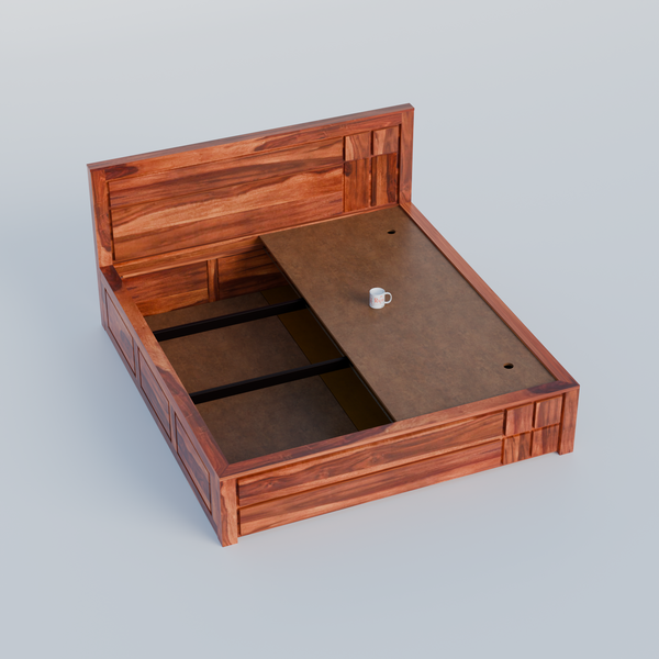 Mattson Solid Wood Double Bed with Box Storage in Honey Oak Finish - Rajasthali Furniture 