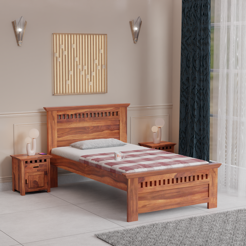 Wooden Single Bed with Block Design without storage for Bedrrom in Natural and Walnut Finish