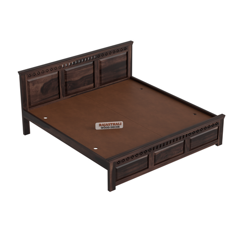 Solid Sheesham Wood King Size Bed with Headboard and Without Storage, Walnut Finish