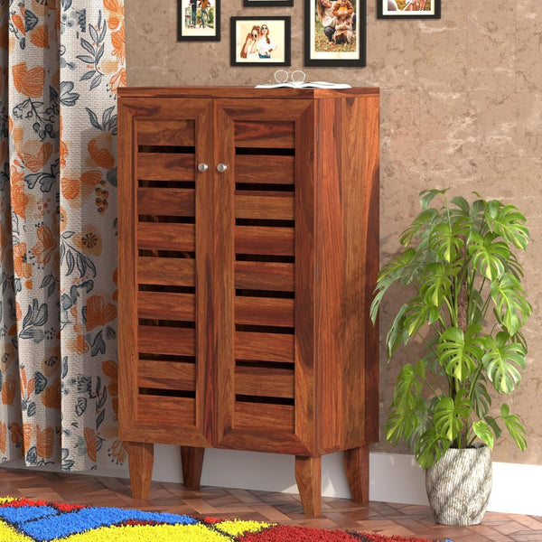 Solid Sheesham Wood Shoe Rack | Wooden Shoe Cabinet with 4 Shelves | 2 Door Shoe Storage Organizer for Entryway | Honey Finish