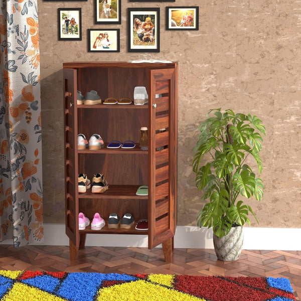 Solid Sheesham Wood Shoe Rack | Wooden Shoe Cabinet with 4 Shelves | 2 Door Shoe Storage Organizer for Entryway | Honey Finish