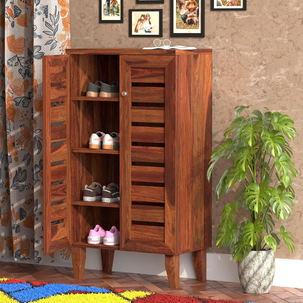 Solid Sheesham Wood Shoe Rack | Wooden Shoe Cabinet with 4 Shelves | 2 Door Shoe Storage Organizer for Entryway | Honey Finish - Rajasthali Furniture 