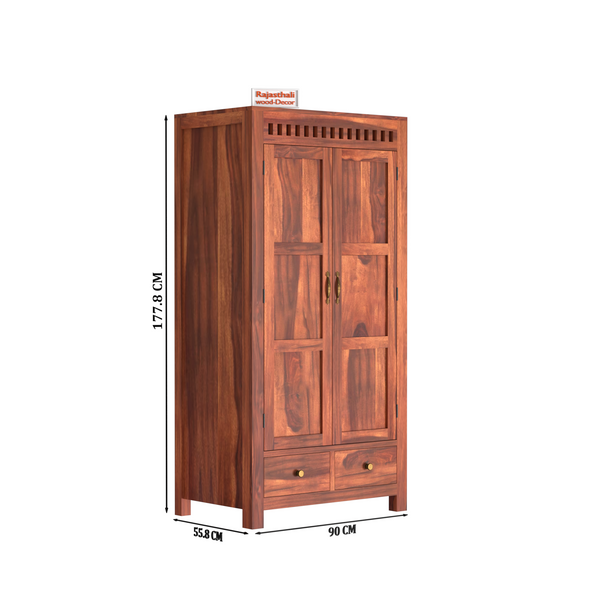 Wooden Two Door and Two Drawer Sheesham Wood Almirah Wardrobe for Bedroom in Honey oak and Dark Color with Natural and Walnut Finish - Rajasthali Furniture 