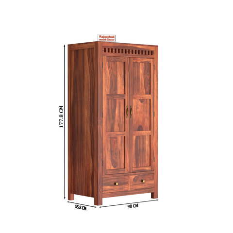 Wooden Two Door and Two Drawer Sheesham Wood Almirah Wardrobe for Bedroom in Honey oak and Dark Color with Natural and Walnut Finish