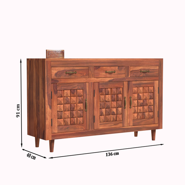 Wooden Sideboard Storage Cabinet with 3 Drawers and 3 Doors Storage Wooden Cabinet for Living Room in Natural Finish - Rajasthali Furniture 