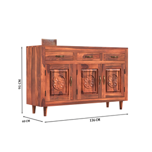 Wooden Sideboard Storage Cabinet with 3 Drawers and 3 Doors Storage Wooden Cabinet for Living Room in Natural Finish - Rajasthali Furniture 