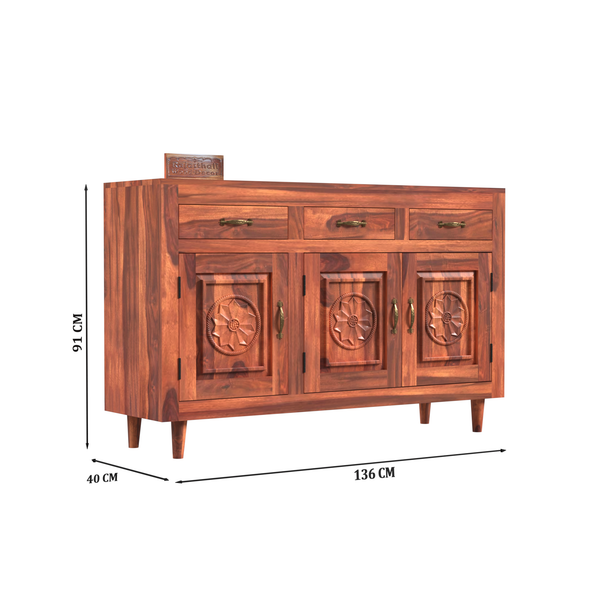 Wooden Sideboard Storage Cabinet with 3 Drawers and 3 Doors Storage Wooden Cabinet for Living Room in Natural Finish - Rajasthali Furniture 