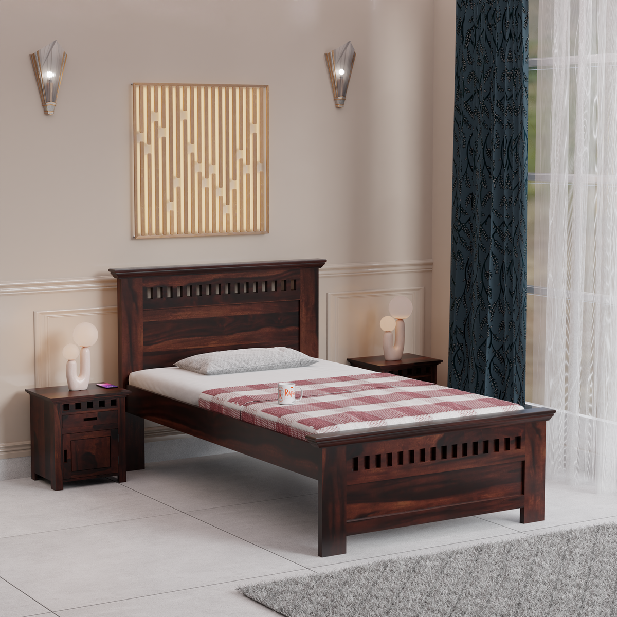 Wooden Single Bed with Block Design without storage for Bedrrom in Natural and Walnut Finish