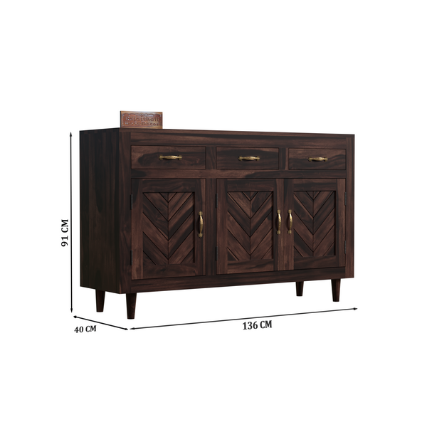 Wooden Sideboard Storage Cabinet with 3 Drawers and 3 Doors Storage Wooden Cabinet for Living Room in Walnut Finish - Rajasthali Furniture 