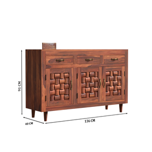 Wooden Sideboard Storage Cabinet with 3 Drawers and 3 Doors Storage Wooden Cabinet for Living Room in Natural Finish - Rajasthali Furniture 