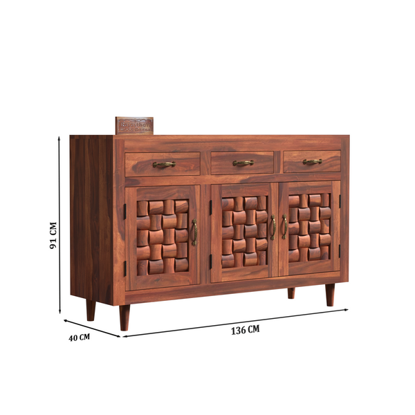 Wooden Sideboard Storage Cabinet with 3 Drawers and 3 Doors Storage Wooden Cabinet for Living Room in Natural Finish - Rajasthali Furniture 