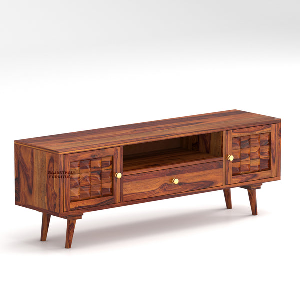 Sheesham Wood TV Unit with Mosaic Carved Doors | Solid Wood TV Console | Diamond