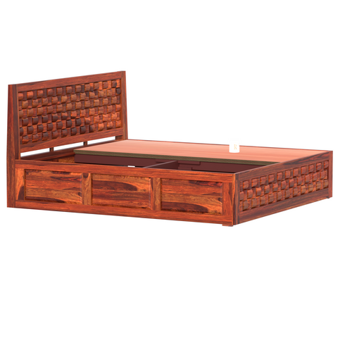 Wout Solid Wood Double Bed with Box Storage in Honey Oak Finish - Rajasthali Furniture 