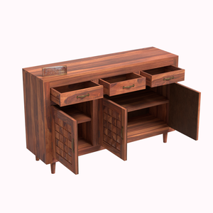 Wooden Sideboard Storage Cabinet with 3 Drawers and 3 Doors Storage Wooden Cabinet for Living Room in Natural Finish - Rajasthali Furniture 
