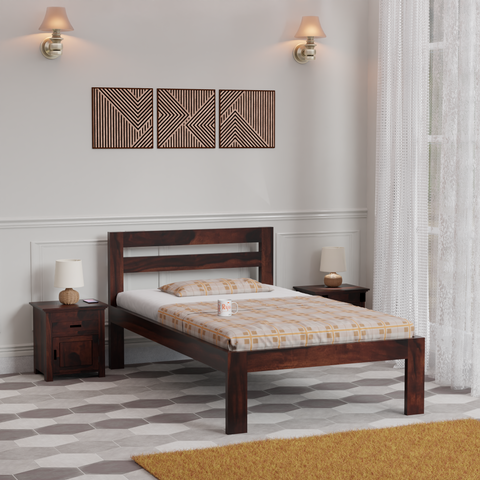 Wooden Single Bed with Open Design Headboard without storage For Bedrrom and kids room in Natural Finish