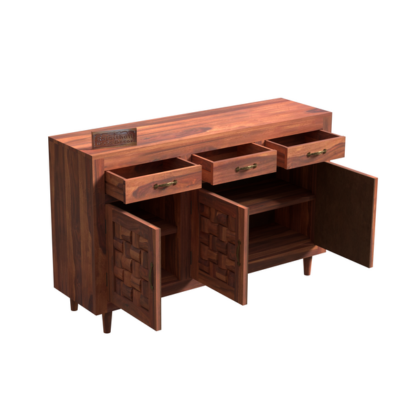 Wooden Sideboard Storage Cabinet with 3 Drawers and 3 Doors Storage Wooden Cabinet for Living Room in Natural Finish - Rajasthali Furniture 