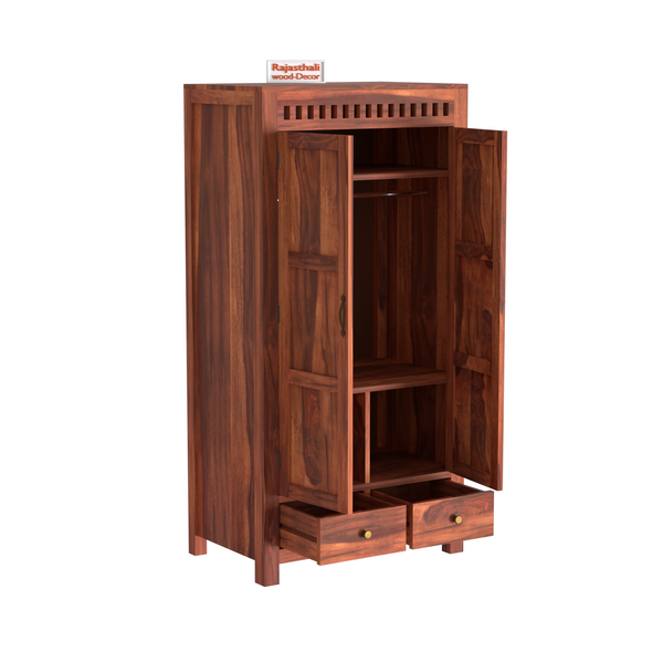 Wooden Two Door and Two Drawer Sheesham Wood Almirah Wardrobe for Bedroom in Honey oak and Dark Color with Natural and Walnut Finish - Rajasthali Furniture 