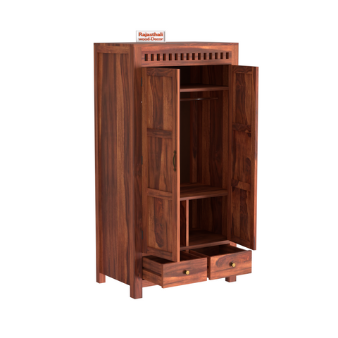 Wooden Two Door and Two Drawer Sheesham Wood Almirah Wardrobe for Bedroom in Honey oak and Dark Color with Natural and Walnut Finish