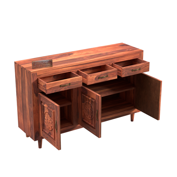 Wooden Sideboard Storage Cabinet with 3 Drawers and 3 Doors Storage Wooden Cabinet for Living Room in Natural Finish - Rajasthali Furniture 