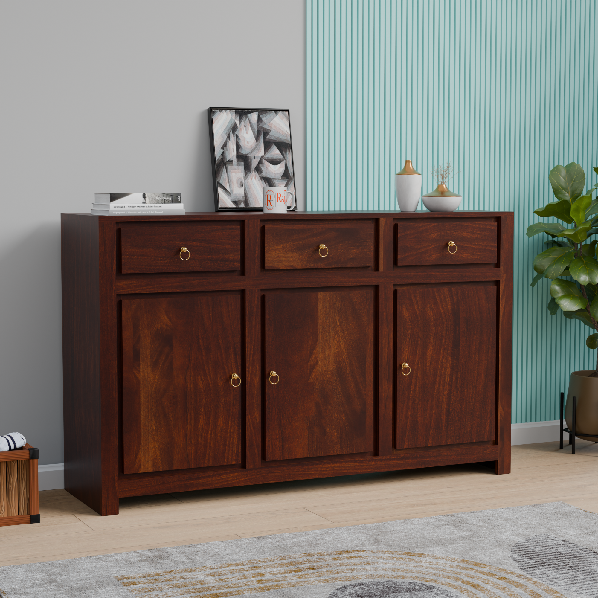 Wooden Side Cabinet with Wooden Doors, 3 Doors and 3 drawers Storage Unit in Natural Finish and walnut finish - Rajasthali Furniture 