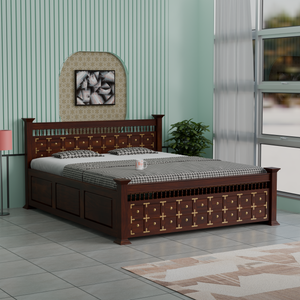 Solid Wood Queen Size Double with Brass LT Plus Design in Honey Oak and Walnut Color - Rajasthali Furniture 