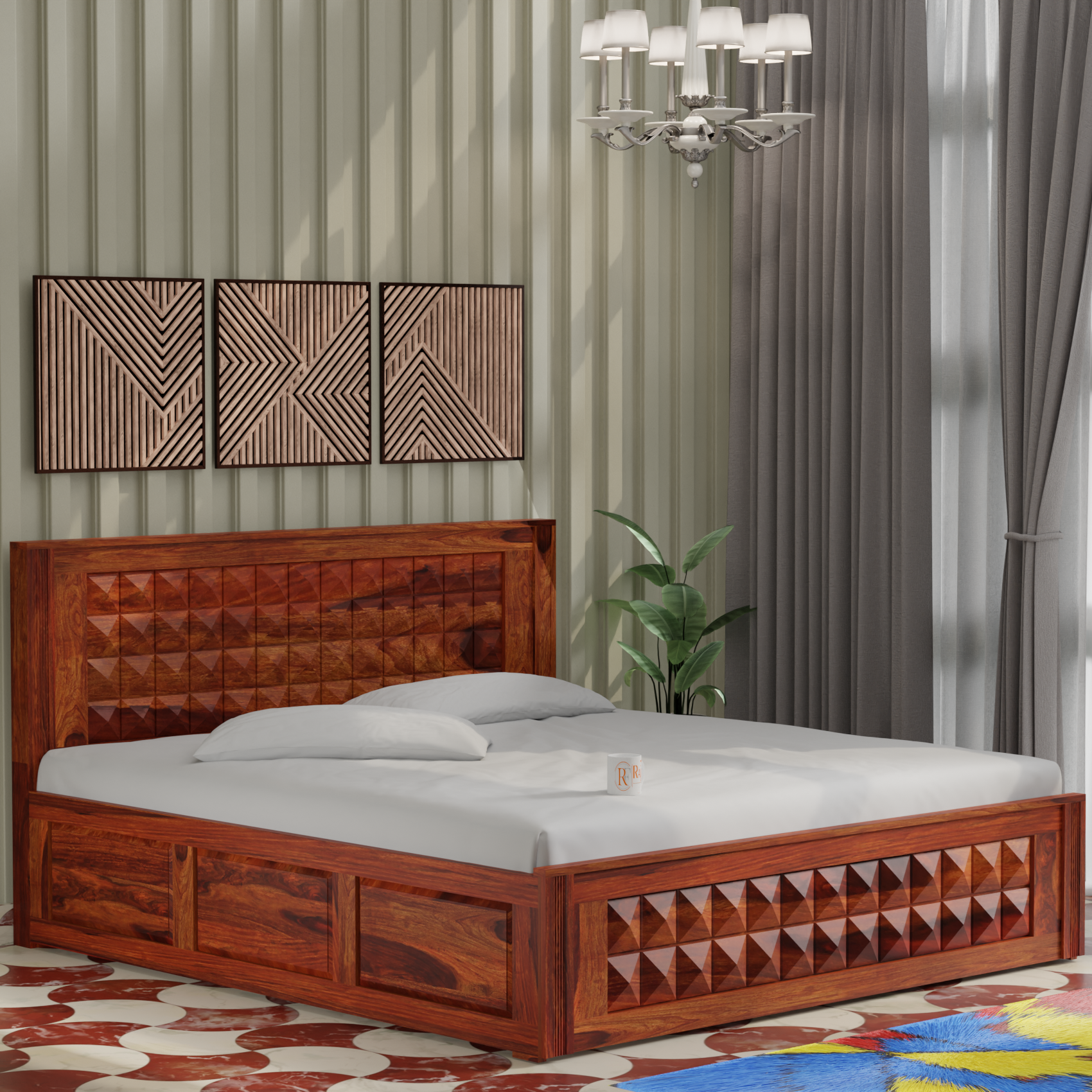 Vrij Solid Wood Double Bed with Box Storage in Honey Oak Finish - Rajasthali Furniture 