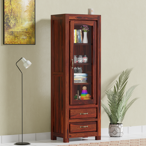 Brokloff Solid Wood Floor Mounted Glass Cabinet in Honey oak Finish - Rajasthali Furniture 