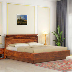 Platform Solid Wood Double with Box Storage in Honey Oak Finish