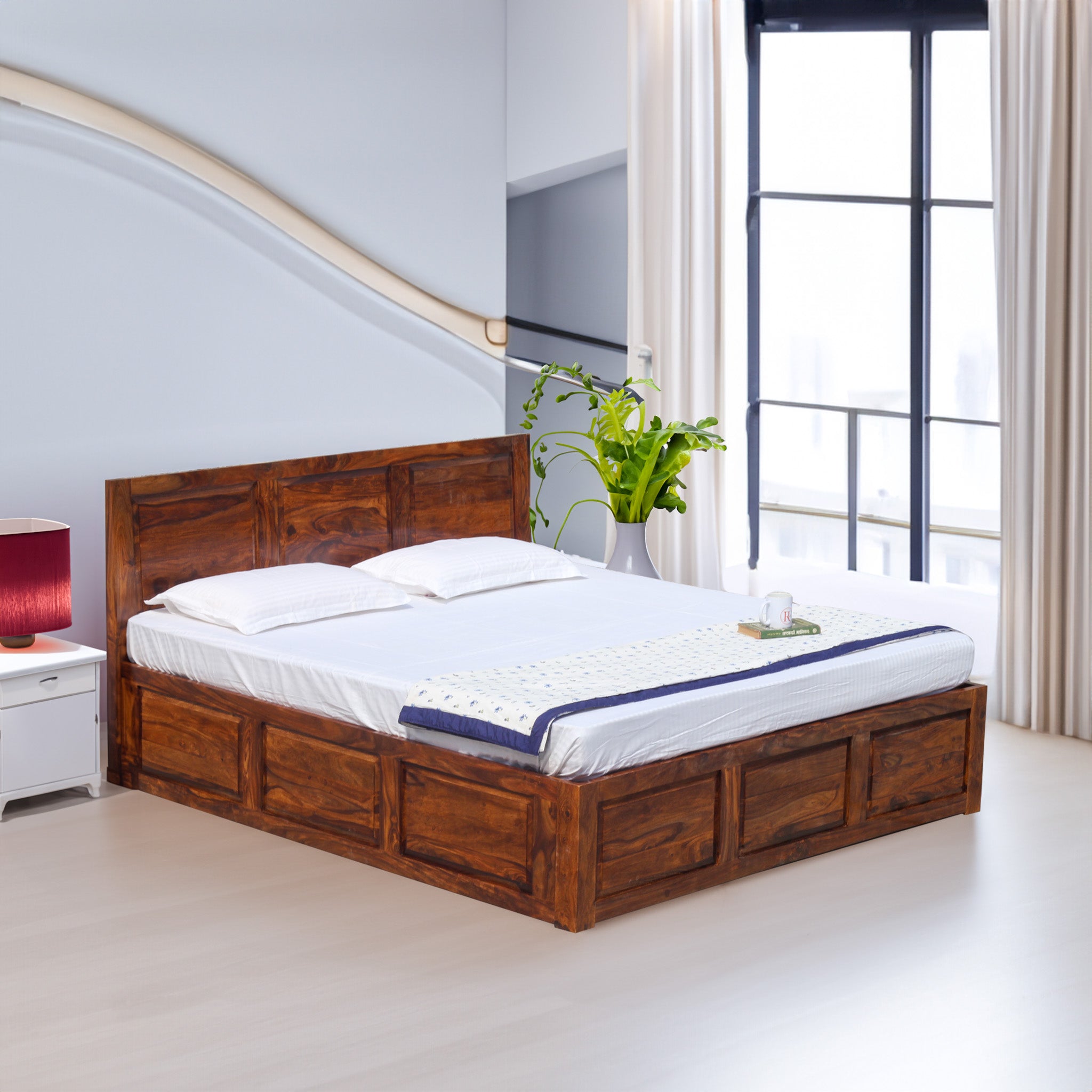 Fasica Solid Wood Double Bed with Box Storage in Honey Oak Finish - Rajasthali Furniture 