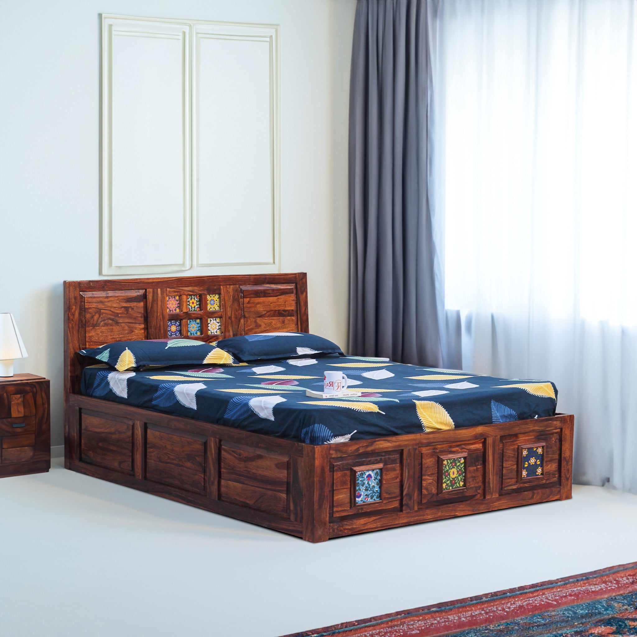 Hinton King Size Double Bed in Honey Oak Finished Rajasthali Furniture - Rajasthali Furniture 