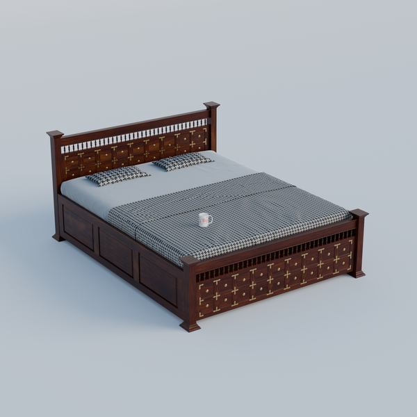 Solid Wood Queen Size Double with Brass LT Plus Design in Honey Oak and Walnut Color - Rajasthali Furniture 