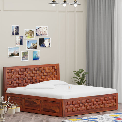 Wout Solid Wood Double Bed with Box Storage in Honey Oak Finish - Rajasthali Furniture 