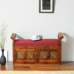 Bluet Upholstery Solid Wood Arm Bench with Storage in Honey Oak Finish - Rajasthali Furniture 