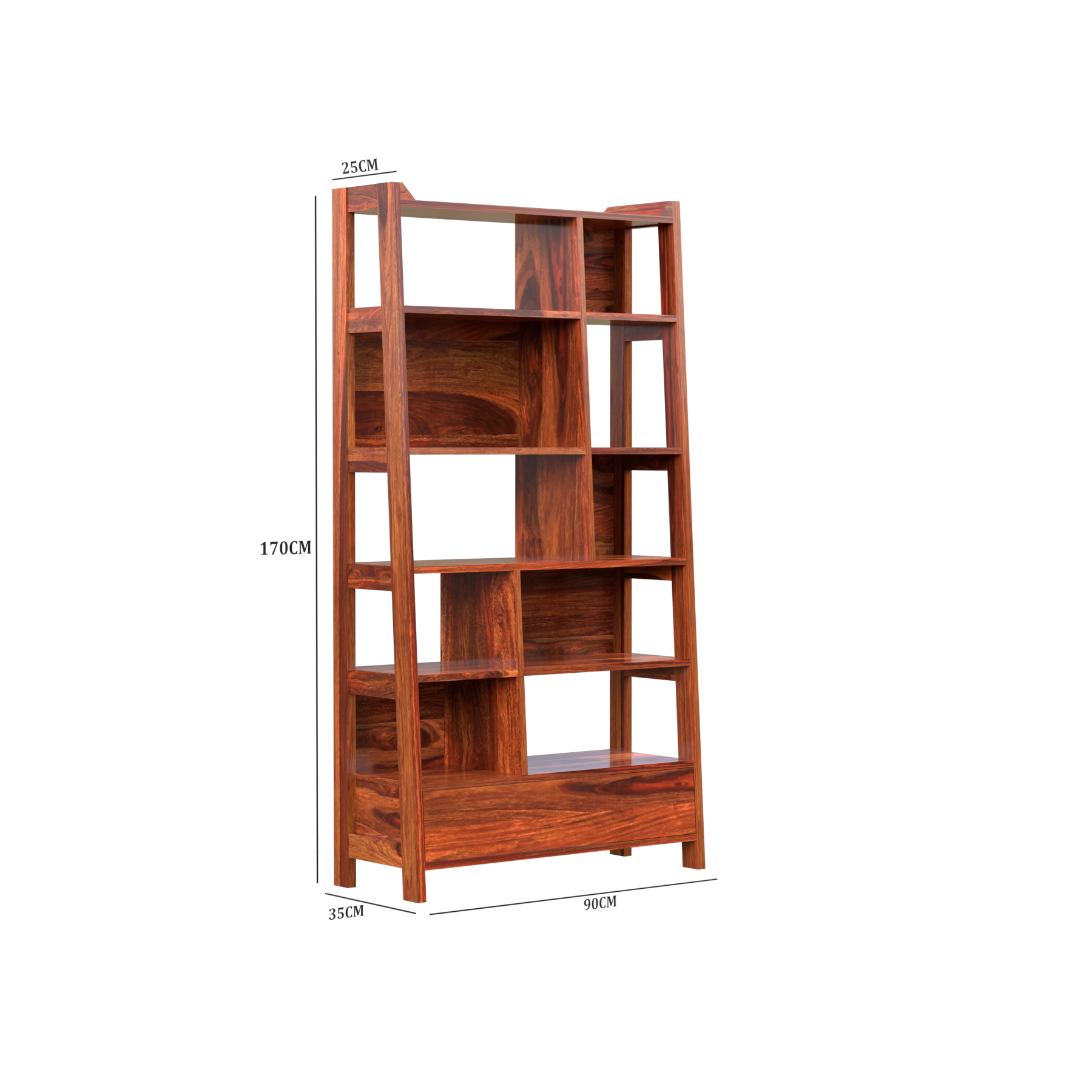 Solid Sheesham Wood Taper Bookshelf with one Large Size drawer in Natural Finish - Rajasthali Furniture 