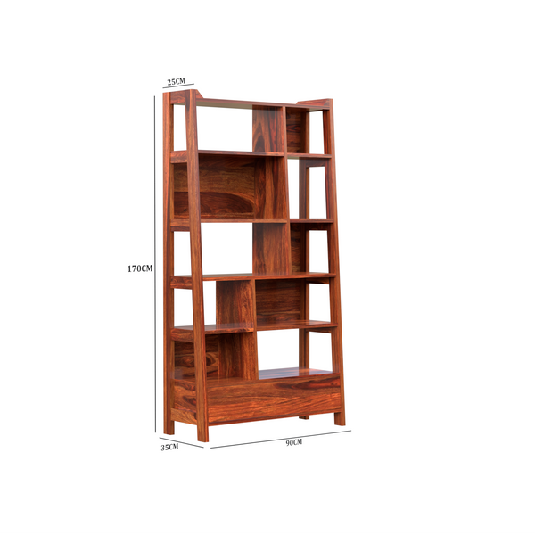 Solid Sheesham Wood Taper Bookshelf with one Large Size drawer in Natural Finish - Rajasthali Furniture 