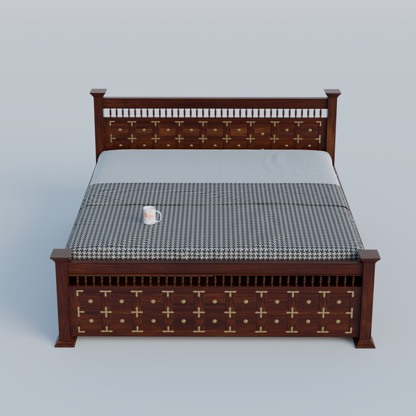 Solid Wood Queen Size Double with Brass LT Plus Design in Honey Oak and Walnut Color - Rajasthali Furniture 
