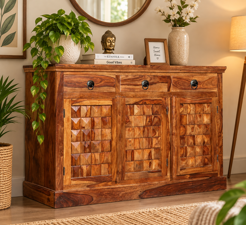 Bennis Sheesham Wood Sideboard (Honey Oak Finish)