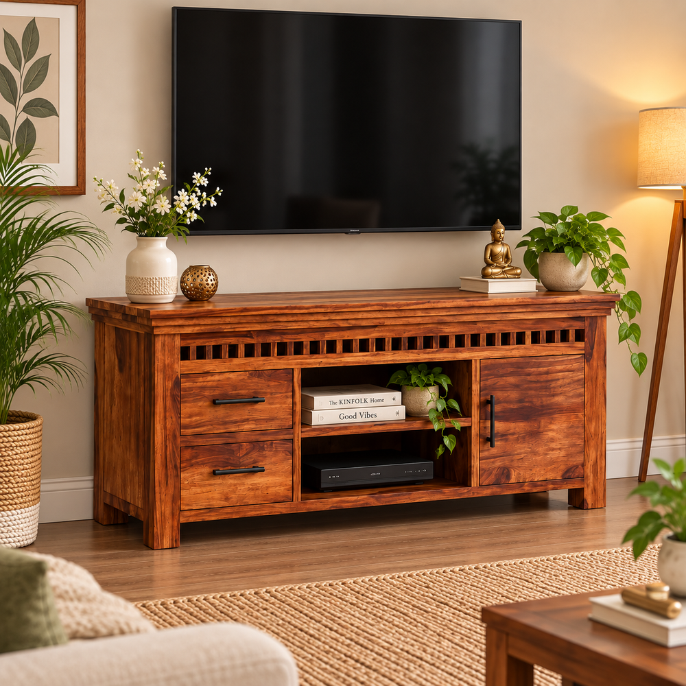 Sheesham Wood TV Unit with 2 Drawers, 2 Shelves & Cabinet (Honey Finish) - Rajasthali Furniture 