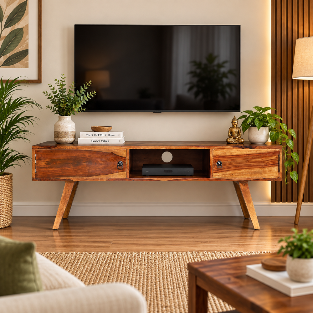 Lekedi Sheesham Wood TV Unit with 2 Doors & Open Shelves (57 inch, Honey Natural Finish) - Rajasthali Furniture 