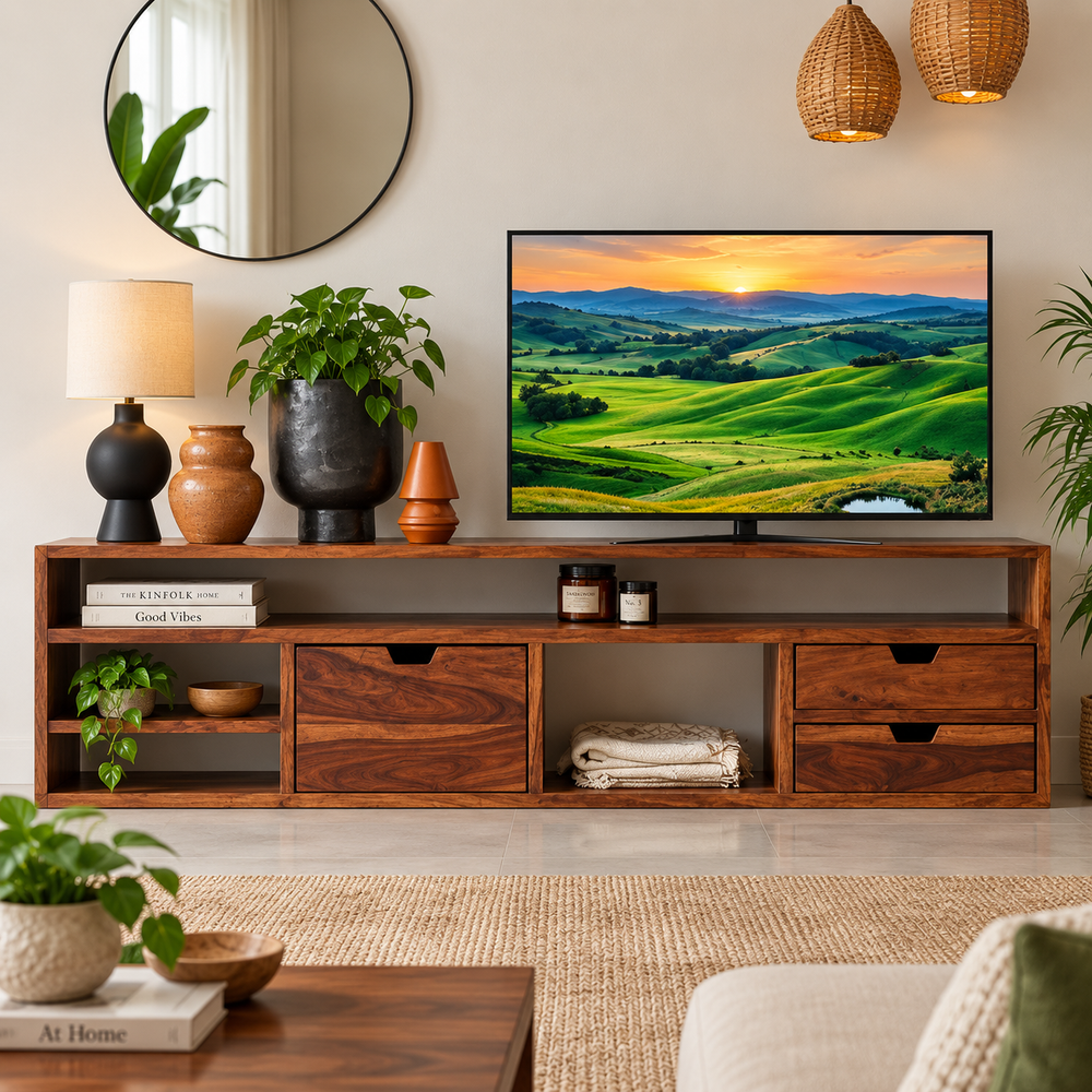 Aaron Solid Sheesham Wood TV Unit with 2 Drawers & Storage (Up to 65 Inch) - Rajasthali Furniture 