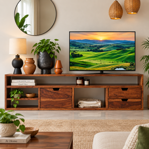 Aaron Solid Sheesham Wood TV Unit with 2 Drawers & Storage (Up to 65 Inch) - Rajasthali Furniture 