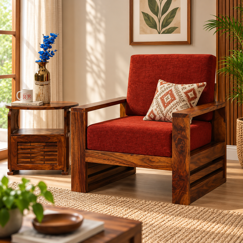 Seam Sheesham Wood Sofa (1 Seater, Honey Oak Finish)