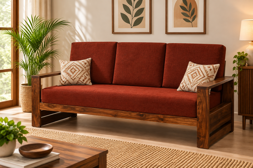 Seam Sheesham Wood Sofa (3 Seater, Honey Oak Finish) - Rajasthali Furniture 