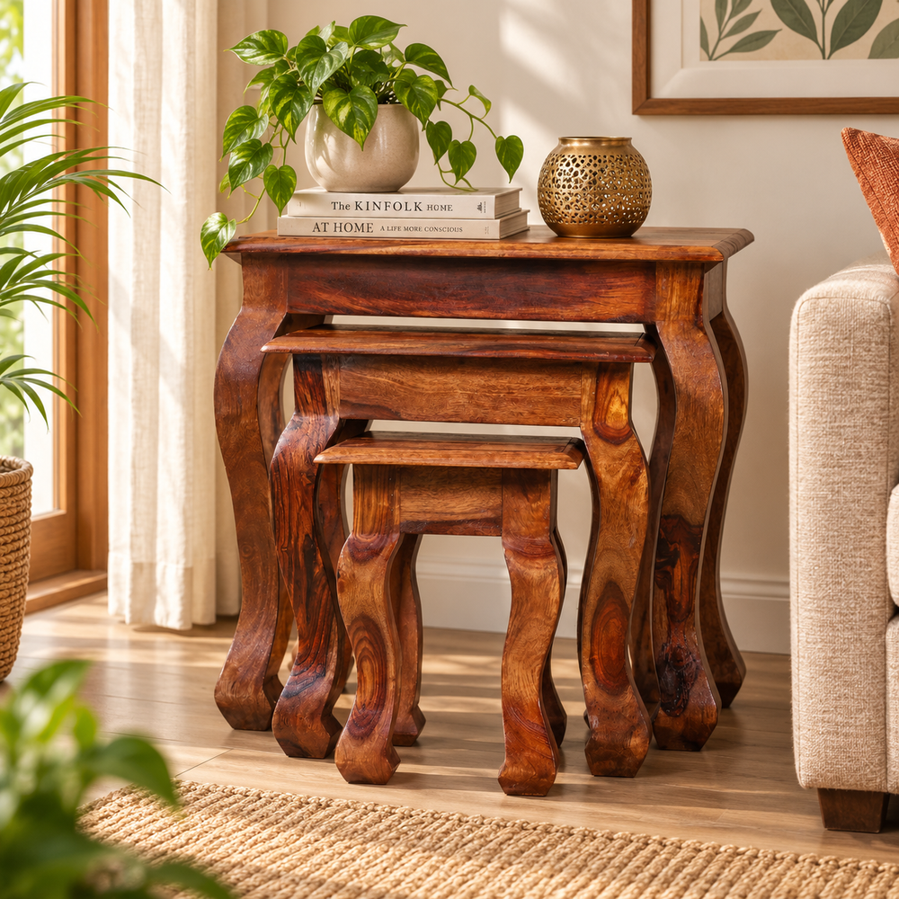 Ebern Nesting Tables with Sheesham Wood Tops (Set of 3, Antique Walnut Finish)