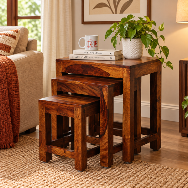 Zory Sheesham Wood Nesting Tables (Set of 3, Honey Oak Finish)